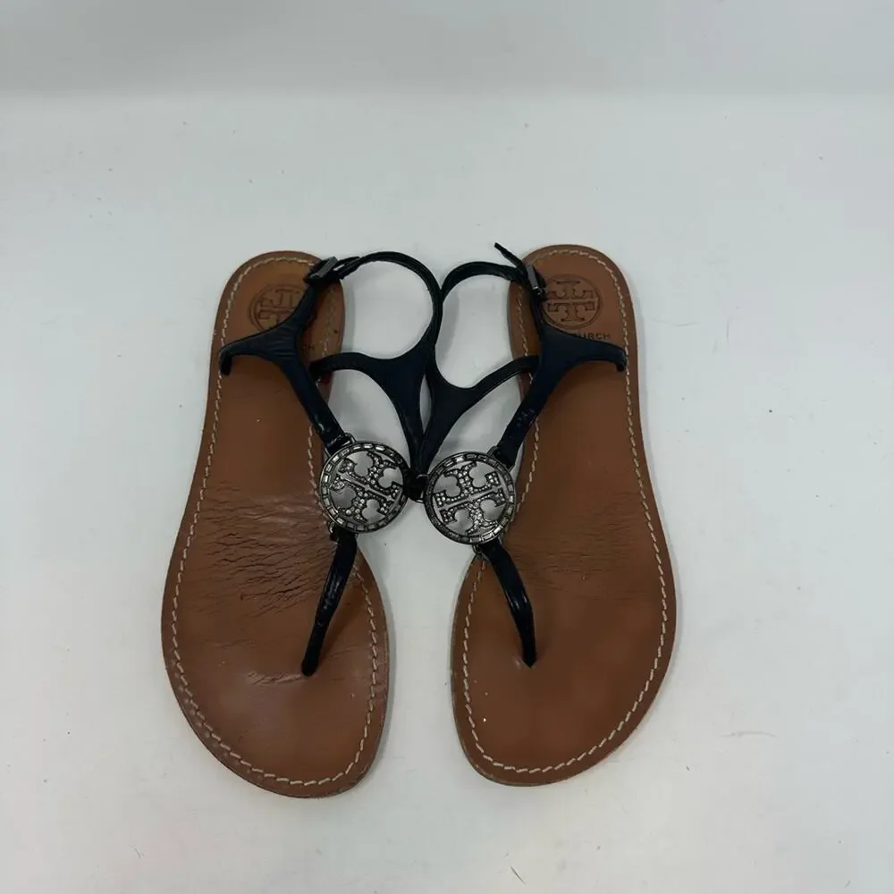 Tory Burch Violet Thong Sandals Black Crystal Logo Size 7.5 Leather Ankle Strap